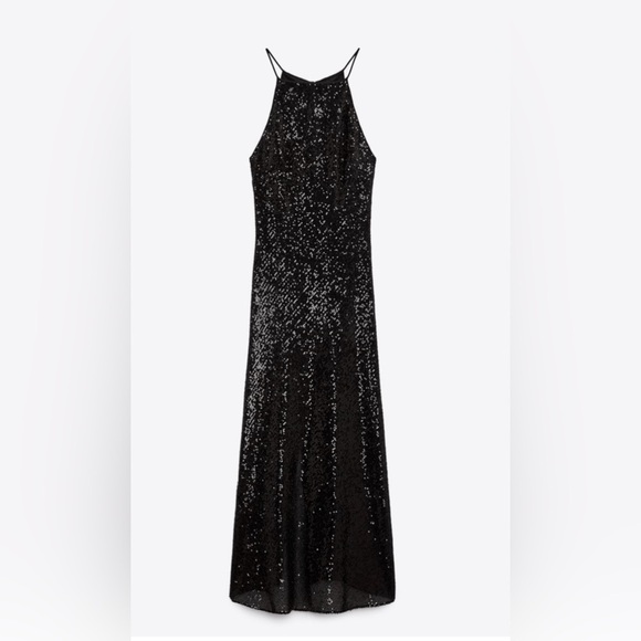 Zara Bloggers Fav Black Sequin Halter Neckline Midi Christmas Holiday Dress Sz L - Picture 4 of 17